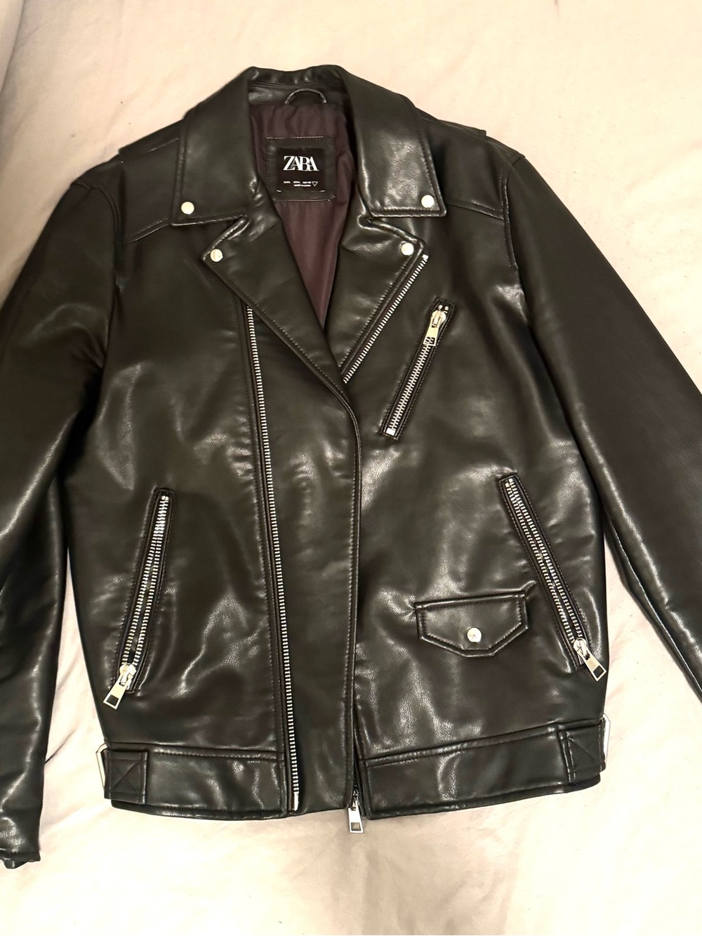 Zara Black Faux Leather Biker Jacket with Zip Details